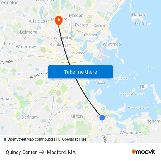 Quincy Center to Medford, MA map