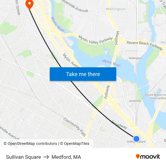 Sullivan Square to Medford, MA map