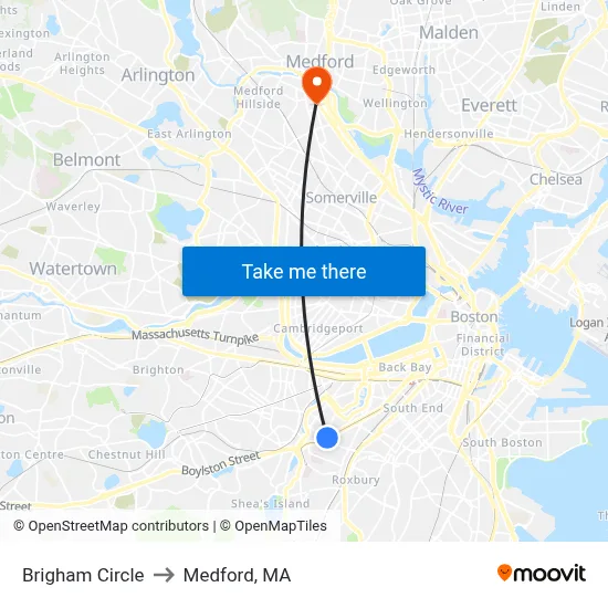 Brigham Circle to Medford, MA map