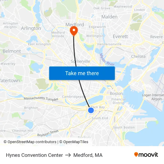 Hynes Convention Center to Medford, MA map