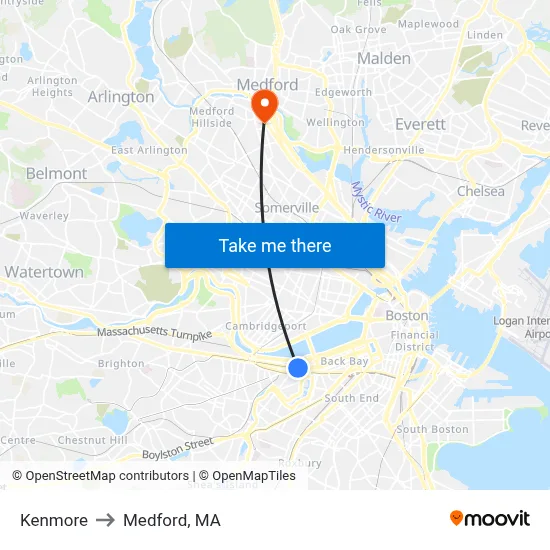 Kenmore to Medford, MA map