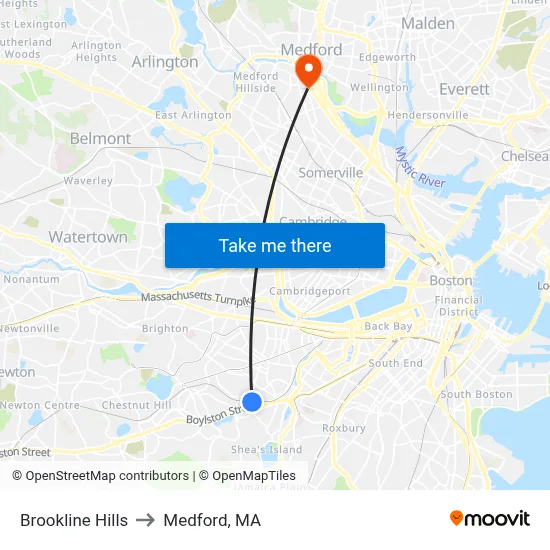 Brookline Hills to Medford, MA map