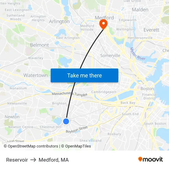 Reservoir to Medford, MA map