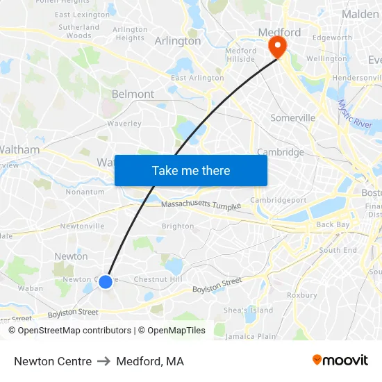 Newton Centre to Medford, MA map