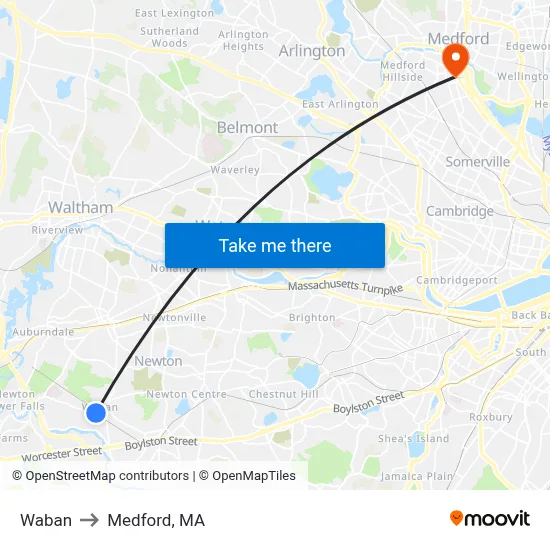 Waban to Medford, MA map