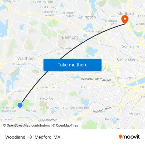 Woodland to Medford, MA map
