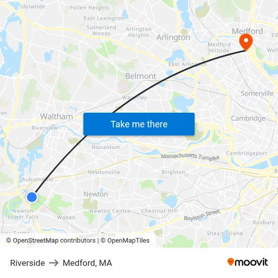 Riverside to Medford, MA map