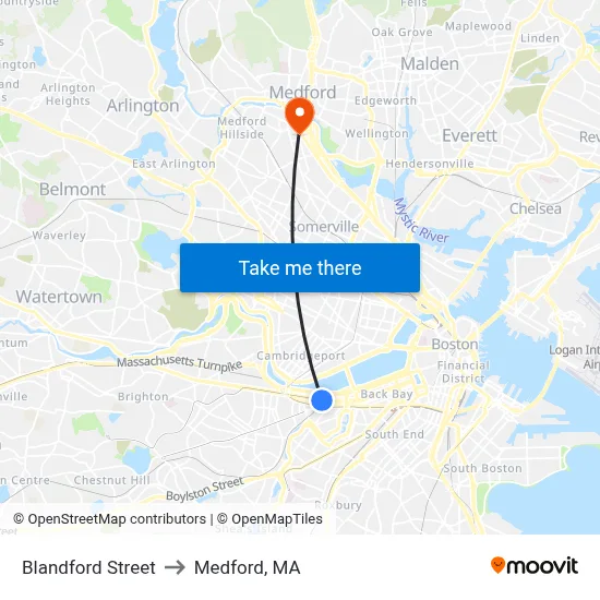 Blandford Street to Medford, MA map