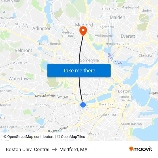 Boston Univ. Central to Medford, MA map