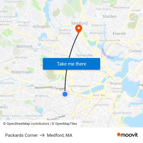 Packards Corner to Medford, MA map