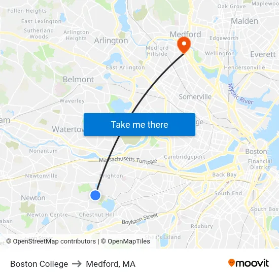 Boston College to Medford, MA map