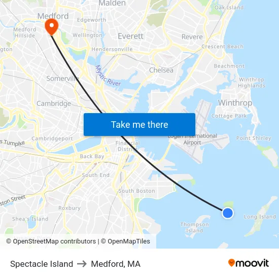 Spectacle Island to Medford, MA map