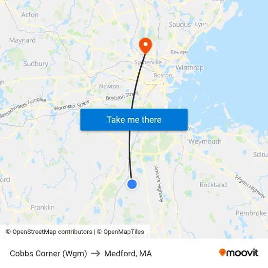 Cobbs Corner (Wgm) to Medford, MA map