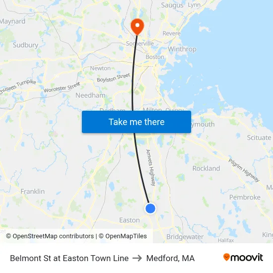 Belmont St at Easton Town Line to Medford, MA map