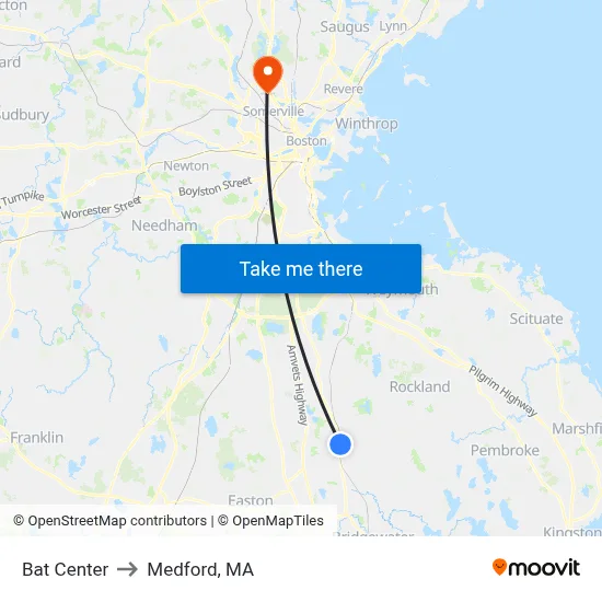 Bat Center to Medford, MA map