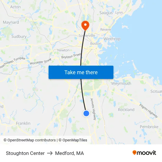 Stoughton Center to Medford, MA map