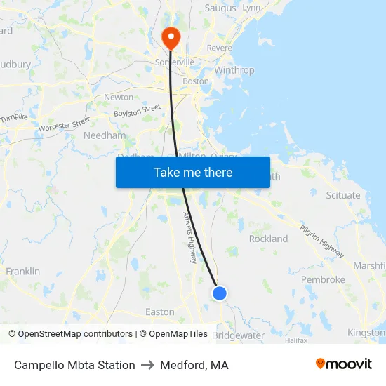Campello Mbta Station to Medford, MA map