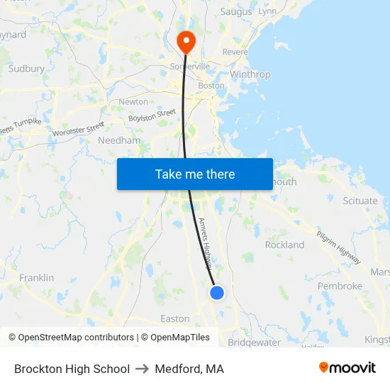 Brockton High School to Medford, MA map