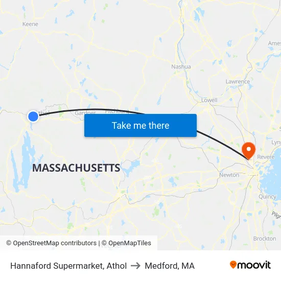 Hannaford Supermarket, Athol to Medford, MA map