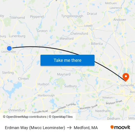 Erdman Way (Mwcc Leominster) to Medford, MA map