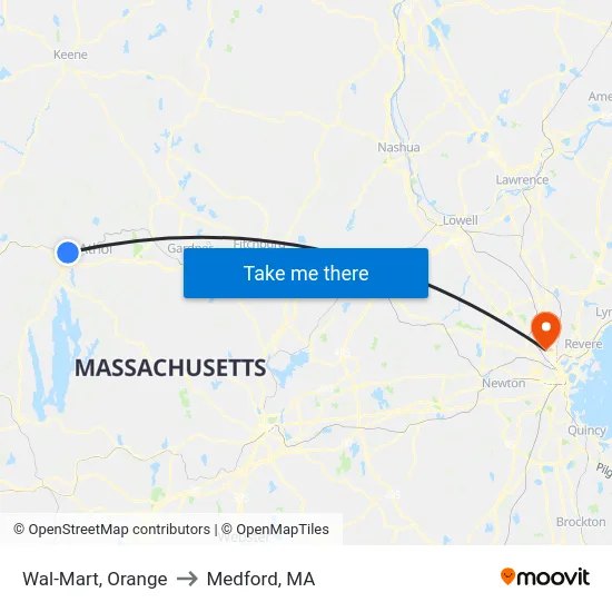 Wal-Mart, Orange to Medford, MA map