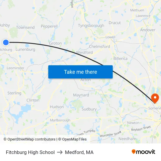Fitchburg High School to Medford, MA map