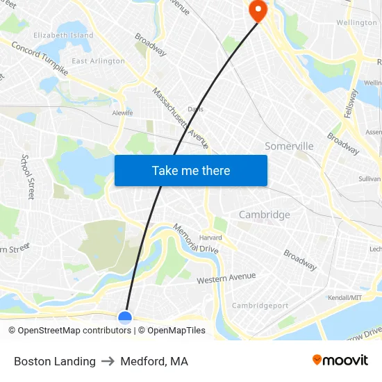 Boston Landing to Medford, MA map