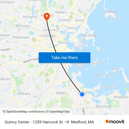 Quincy Center - 1259 Hancock St to Medford, MA map