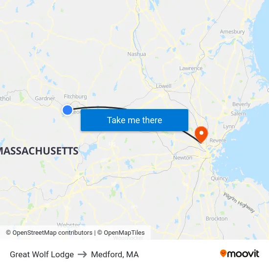 Great Wolf Lodge to Medford, MA map