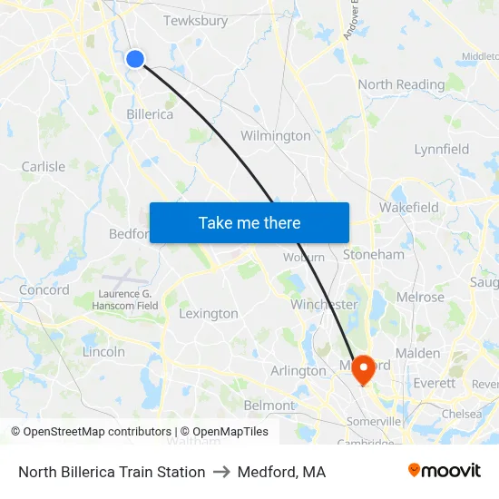 North Billerica Train Station to Medford, MA map