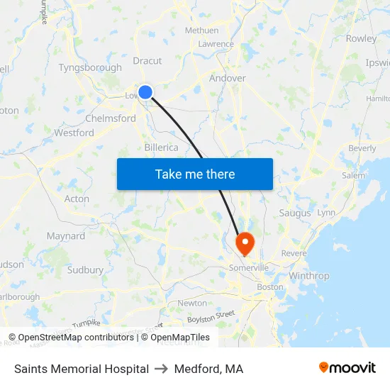 Saints Memorial Hospital to Medford, MA map