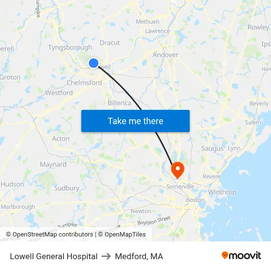 Lowell General Hospital to Medford, MA map
