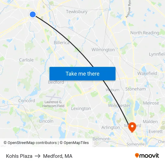 Kohls Plaza to Medford, MA map