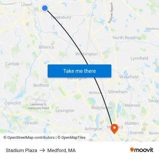 Stadium Plaza to Medford, MA map