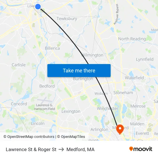 Lawrence St & Roger St to Medford, MA map