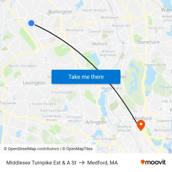 Middlesex Turnpike Ext & A St to Medford, MA map