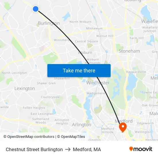 Chestnut Street Burlington to Medford, MA map