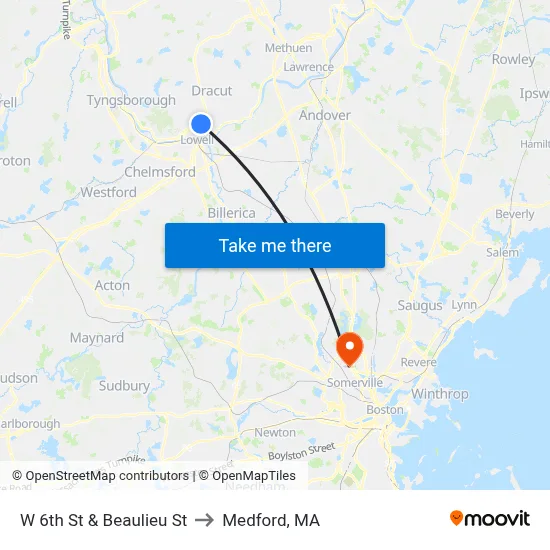 W 6th St & Beaulieu St to Medford, MA map
