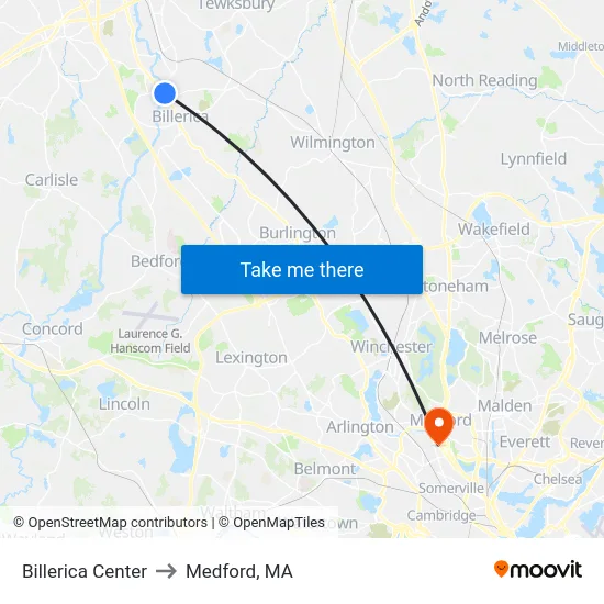 Billerica Center to Medford, MA map