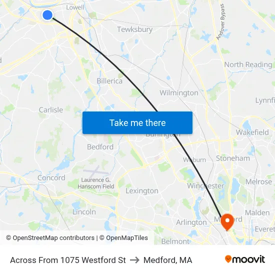 Across From 1075 Westford St to Medford, MA map