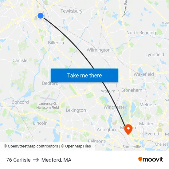 76 Carlisle to Medford, MA map