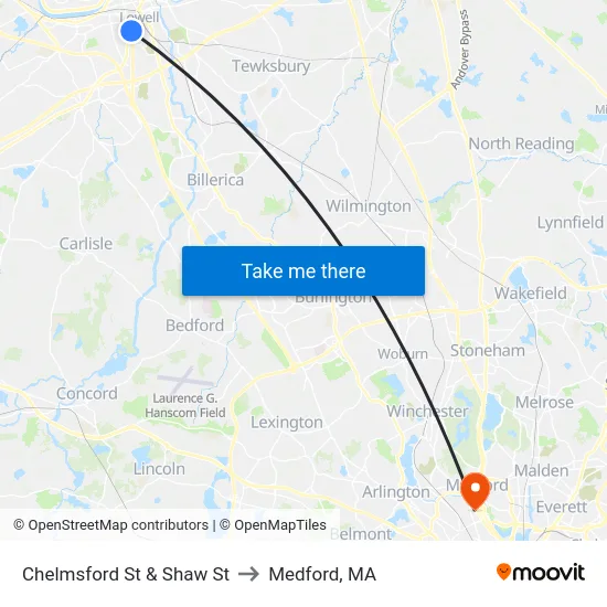Chelmsford St & Shaw St to Medford, MA map