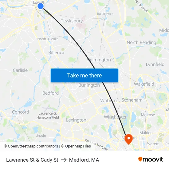 Lawrence St & Cady St to Medford, MA map