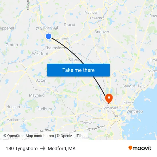 180 Tyngsboro to Medford, MA map
