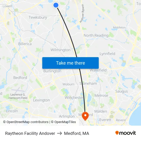 Raytheon Facility Andover to Medford, MA map