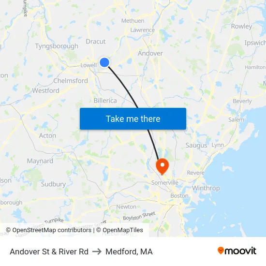 Andover St & River Rd to Medford, MA map