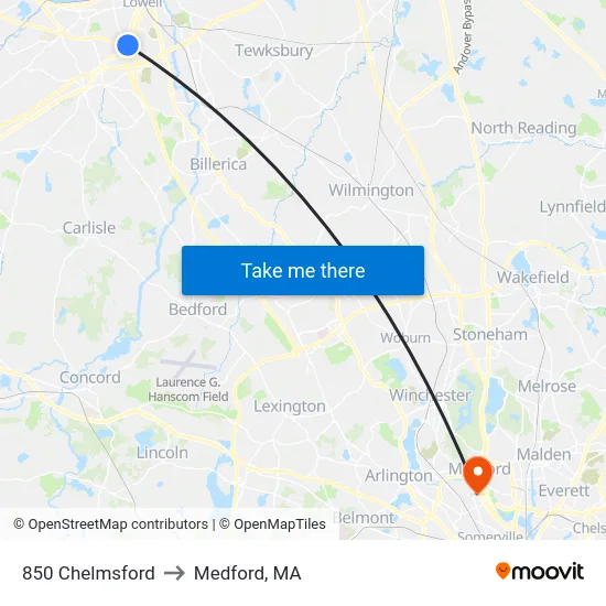850 Chelmsford to Medford, MA map