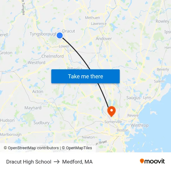 Dracut High School to Medford, MA map