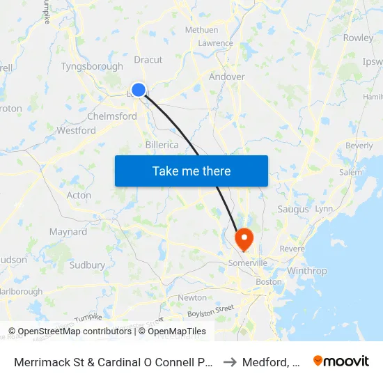 Merrimack St & Cardinal O Connell Pkwy to Medford, MA map