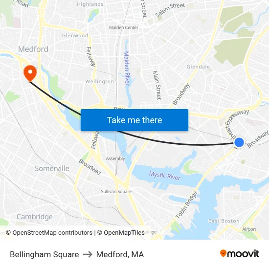 Bellingham Square to Medford, MA map